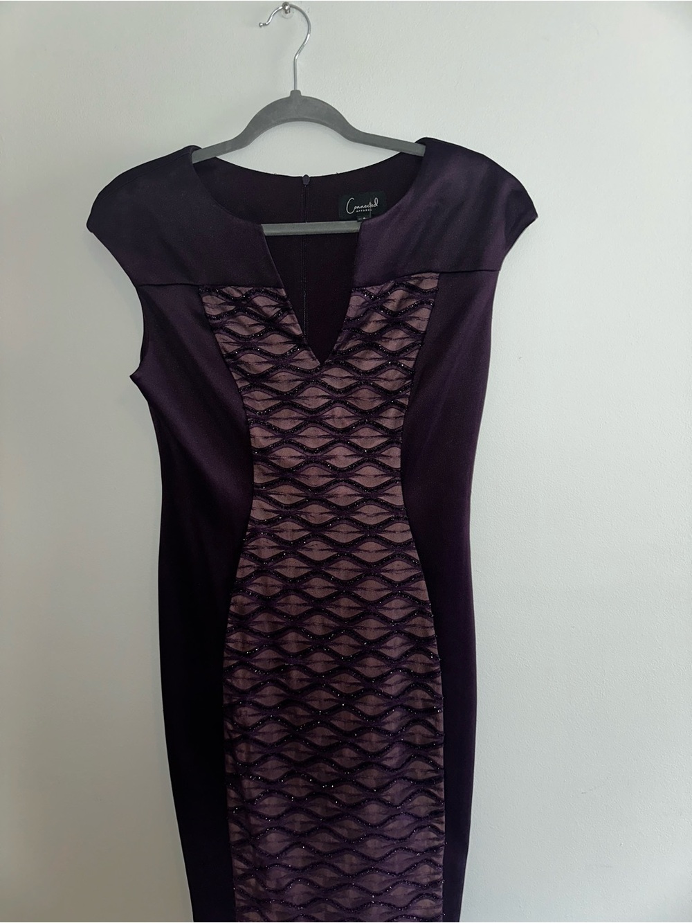 connected apparel Plum Lace-Panel Midi Sheath Dress